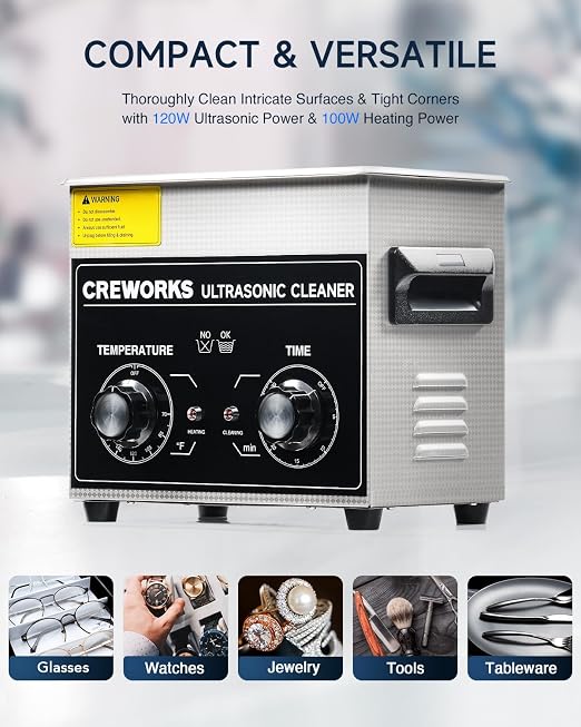 CREWORKS 3.2L Ultrasonic Cleaner with Heater & Timer, 304 Stainless Steel Sonic Cleaner, 0.8gal Ultrasonic Parts Cleaner with Knobs, 120W Professional Lab Ultrasonic Cleaner for Glasses Coin Microchip
