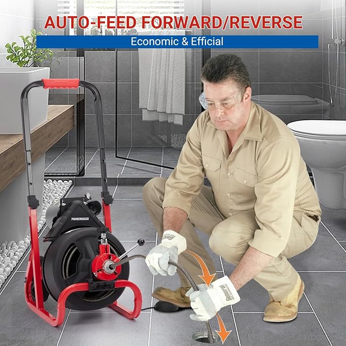 75 ft x 1/2 in Drain Cleaner Machine with 6 Cutters & Gloves, Auto Feed Sewer Snake for 2–4 Inch Pipes, Professional Plumbing Drain Cleaner Machine
