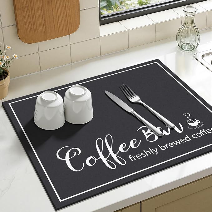Findosom Dish Drying Mat, 16" x 20" Super Absorbent & Hide Stain Coffee Mat, Cuttable Drying Mat for Kitchen Counter, Coffee Bar Accessories, Under Dish Rack, Coffee Maker, Espresso Machine, Black
