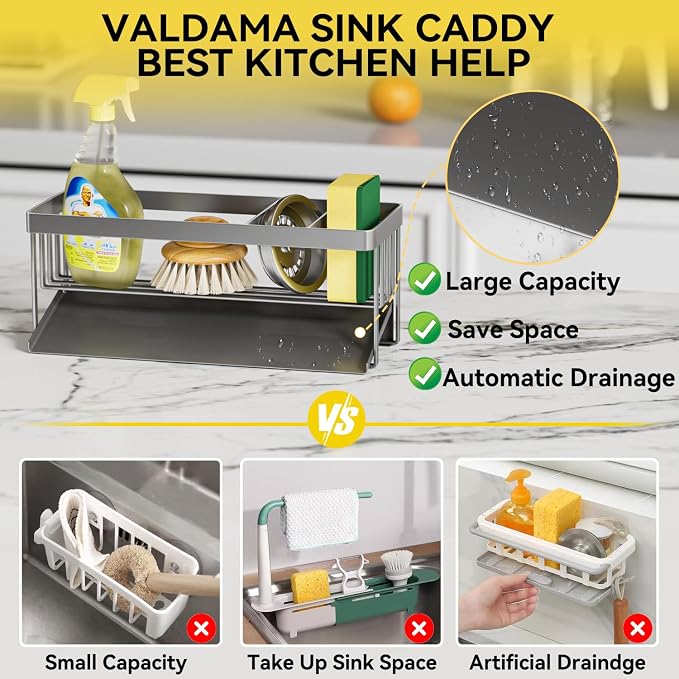 Kitchen Sink Caddy Organzier with Sponge Holder and Removable Drip Tray for Kitchen Sink, 304 Stainless Steel Organize for Sponge Soap Dish Brush Storage Accessories(Grey)