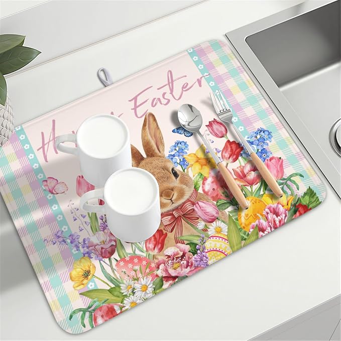 Easter Bunny Dish Drying Mat for Kitchen Counter Happy Easter Rabbit Floral Colorful Buffalo Plaid Microfiber Dish Drainer Mat Absorbent Washable Drying Pad Extra Large 18"x24"