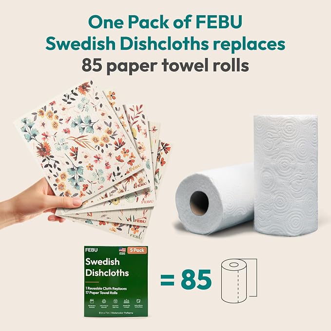 FEBU Swedish Dishcloths for Kitchen | 5 Pack Watercolor Reusable Paper Towels Washable | Swedish Dish Towels | Non-Scratch Cellulose Sponge Cloths | No Odor, Biodegradable Cleaning Cloths