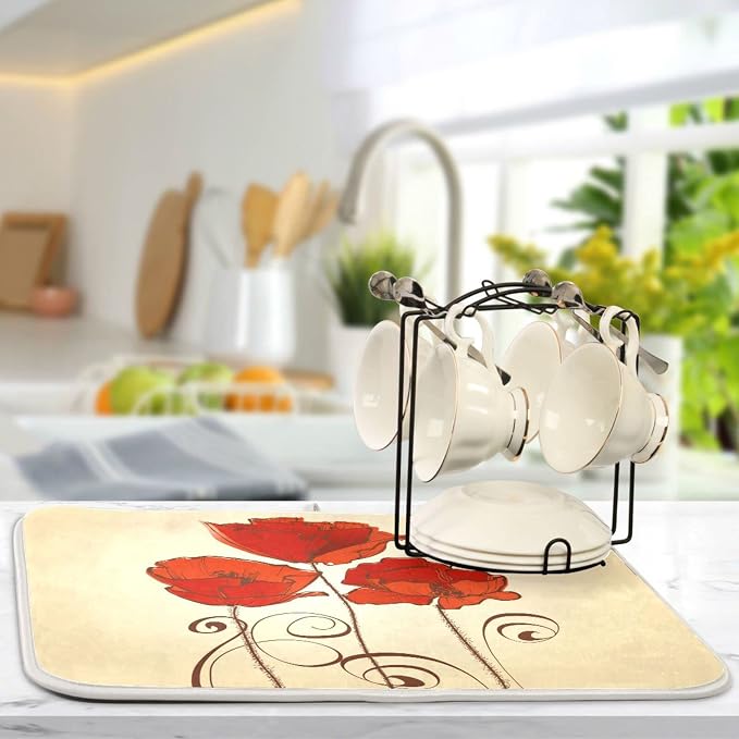 Super Absorbent Dish Drying Mat, Microfiber Fast-Drying Dish Mat, 24" x 18", Kitchen Dish Drying Pad, Red Poppy Flowers Retro