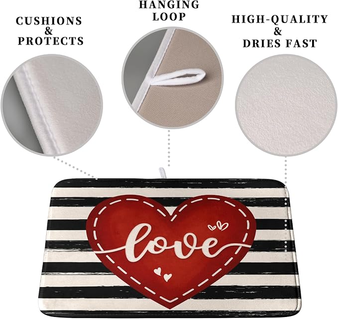 Valentine's Day Dish Drying Mat for Kitchen Counter 18x24 Black White Stripes Red Love Heart Dishes Drainer Mats Absorbent Dish Pad Large Dish Draining Mat for Coffee Bar