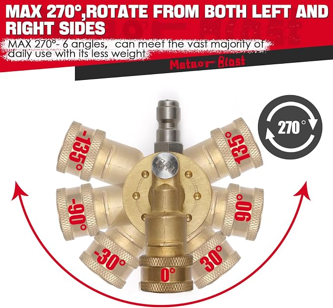 Meteor Blast Pivoting Coupler with 8 pressure washer nozzle tips 2.5gpm, 270 Degree with 7 Angles, heavy duty design and Stainless Steel Lock, Clean Hard to Reach Area, 5000PSI