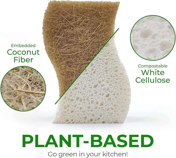 AIRNEX Natural Kitchen Sponges (24 Pack) - Biodegradable Cellulose & Coconut Scrubber Dish Sponges for Kitchen - Eco-Friendly, Non Scratch, Compostable, Non Toxic S-Shaped Natural Sponges for Dishes