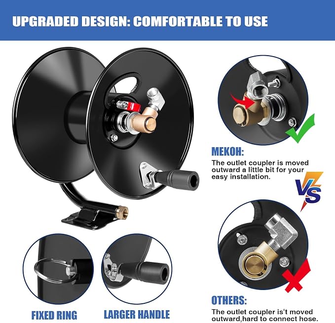 MEKOH Pressure Washer Hose Reel 50ftx3/8” / 65ftx1/4”, 4000PSI Heavy Duty Power Washer Hose Reel with M22-14 Fitting, Hand Crank Metal Reel with Wall/Trailer/Van Mount, Manual Hose Reel for Water