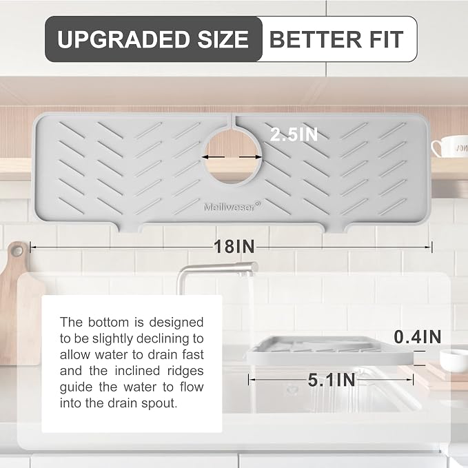 Silicone Faucet Mat for Kitchen Sink – Gen 2 Splash Guard with Upgraded Outlet & Slope – 18” x 5.1” Water Catcher & Sink Sponge Holder for Kitchen and Bathroom (Gray)