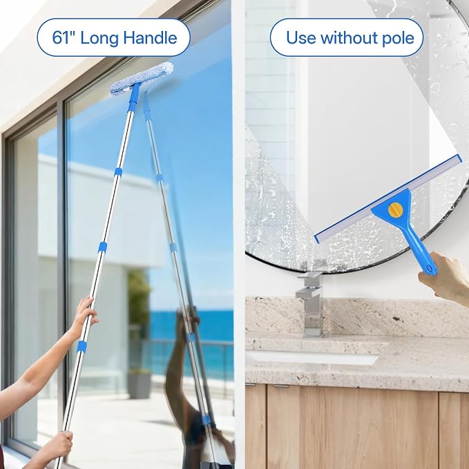 PIMEKOY Window Cleaning Kit with 3 Gal Collapsible Bucket for Home, Outdoor | 61" Long Handle Window Squeegee & Microfiber Scrubber, 3 Gal Bucket, High Window Washing Kit, Window Cleaner Tool for Glass