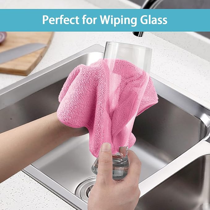 HOMEXCEL 50PK Microfiber Cleaning Cloth, Cleaning Rag for Home, 11.5x11.5in | Reusable, Lint Free, Scratch-Free and Highly Absorbent Towels for Kitchen, Window and Glass, Cars, Pink