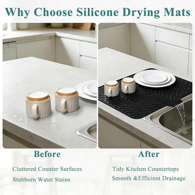 Silicone Dish Drying Mat for Kitchen Counter,23"X17" With Built-in Drain Lip,Food-Grade Silicone, Heat-Resistant Eco-friendly Hygienic Drying Mat Leak-Proof and Non-Slip, Multi-Functional Use（Black）