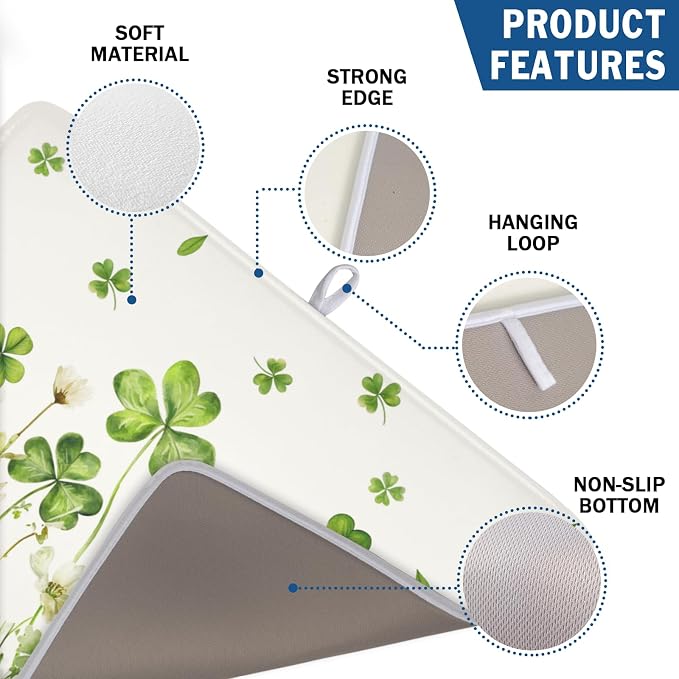 St Patrick's Day Green Clover Dish Drying Mat 18x24 Inch | Shamrock，Polyester，Absorbent Microfiber，for Kitchen Coffee Dining Bar Decor