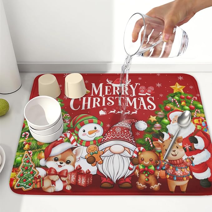 Merry Christmas Dish Drying Mat for Kitchen Counter 16x18 Inch | Xmas Theme Snowman Santa Claus Trees Pattern Dish Drainer Mat Rustic Holiday Absorbent Washable Drying Pad