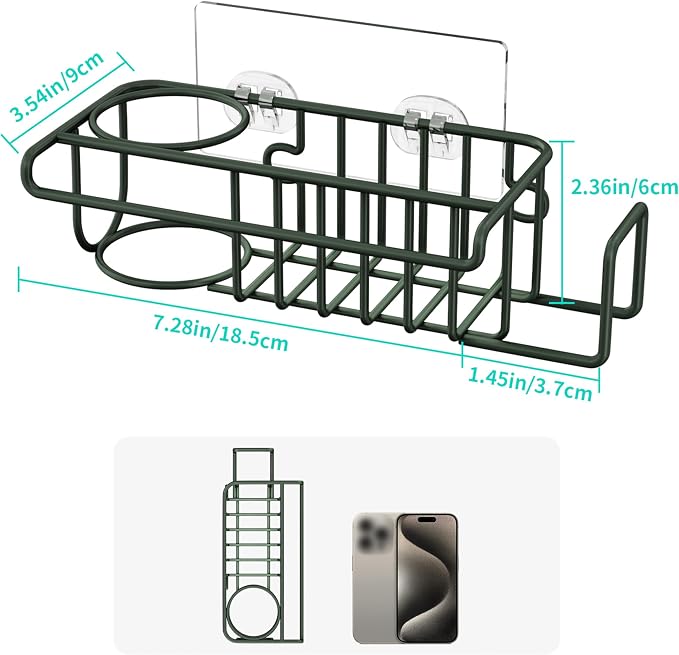 HapiRm Sink Caddy Sponge Holder - No Drill Sponge Holder for Kitchen Sink, Rustproof and Waterproof Kitchen Organizer - Green