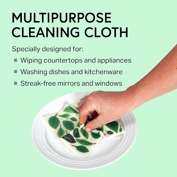 Swedish Wholesale Dishcloths Reusable 8" x 7" Sponge Cloths, Bulk 10 Pack of High Absorbent Cellulose Dish & Kitchen Cleaning Hand Towels, Wring to Dry & Machine Wash, Odor Resistant, Leaves