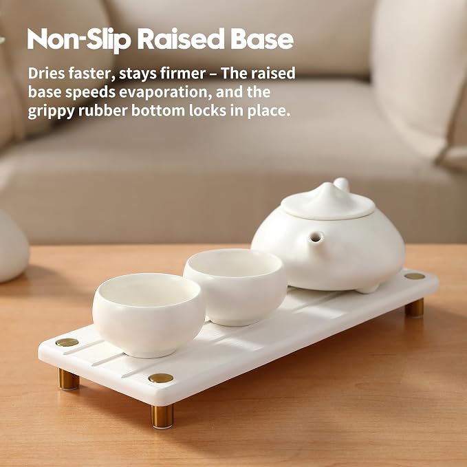 Razborci Instant Dry Sink Caddy Kitchen Sink Organizer, Quick Drying Diatomaceous Earth Stone Sink Tray Sponge Holder Soap Dish, Bathroom Countertop Vanity Dispenser Toothbrush, Gold White, 10" x 4"