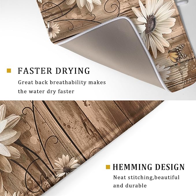 Summer Daisy Flowers Dish Drying Mat for Kitchen Counter 18x24 Inch Rustic Daisy Absorbent Dish Drying Mat Wood Microfiber Reversible Drying Pad Dish Drainer Mat for Countertops Tableware Decor