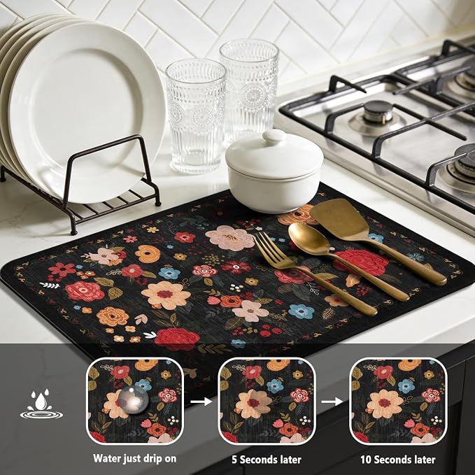 Vintage Floral Dish Drying Mat 18x24 Inch, Dish Mat Drying Kitchen Mats for Extra Large Absorbent Countertop, Aesthetic Boho Drying Matt Kitchen Counter Washable Heat Resistant Dish Drainer Rack Mat