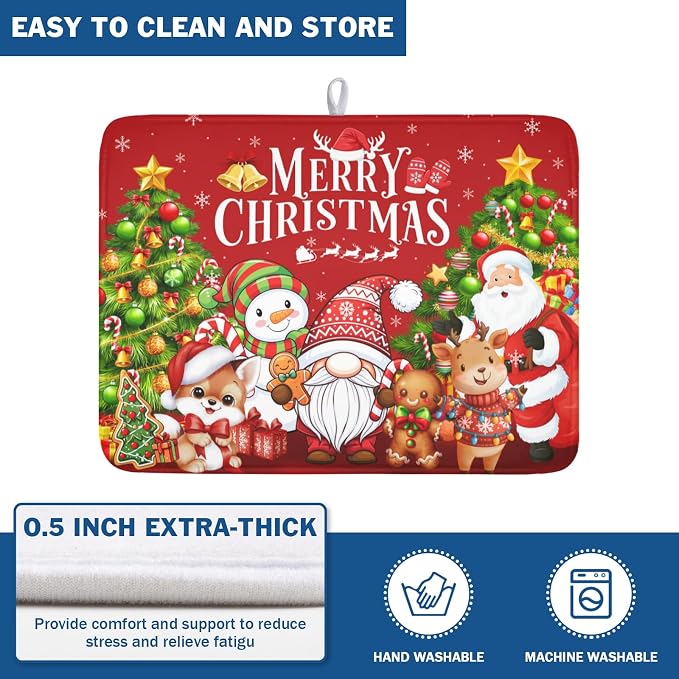 Merry Christmas Dish Drying Mat for Kitchen Counter 18x24 Inch | Xmas Theme Snowman Santa Claus Trees Pattern Dish Drainer Mat Rustic Holiday Absorbent Washable Drying Pad