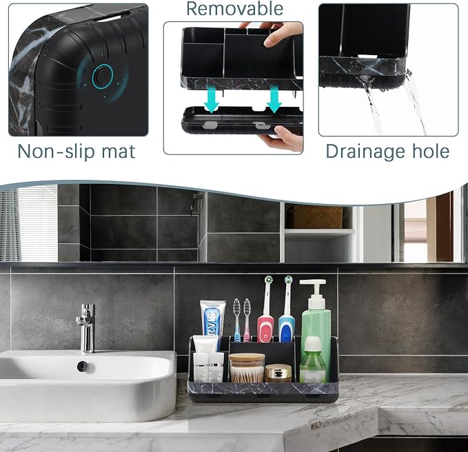 GFWARE Marble Black Toothbrush Holders for Bathrooms - Detachable 7 Slots Bathroom Organizer Countertop Matte Black Electric Toothbrush and Toothpaste Holder for Bathroom Counter Vanity Sink Storage