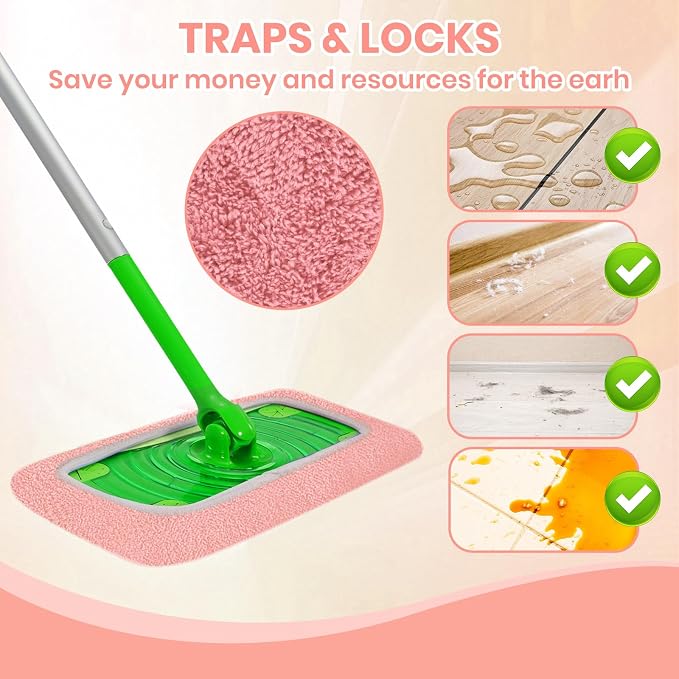 6 Pack Reusable Microfiber Mop Pads - Compatible with Sweeper, Reusable Mop Pads, Washable Dry Cloths & Wet Pads Refill for Hardwood Laminate Tile Floor Cleaning (6, Pink, M)