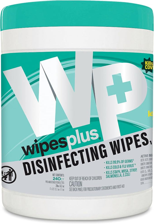 WIPESPLUS Disinfecting Surface Wipes Canister Bleach Free with Lemon Scent for Home and Business, 240 Count