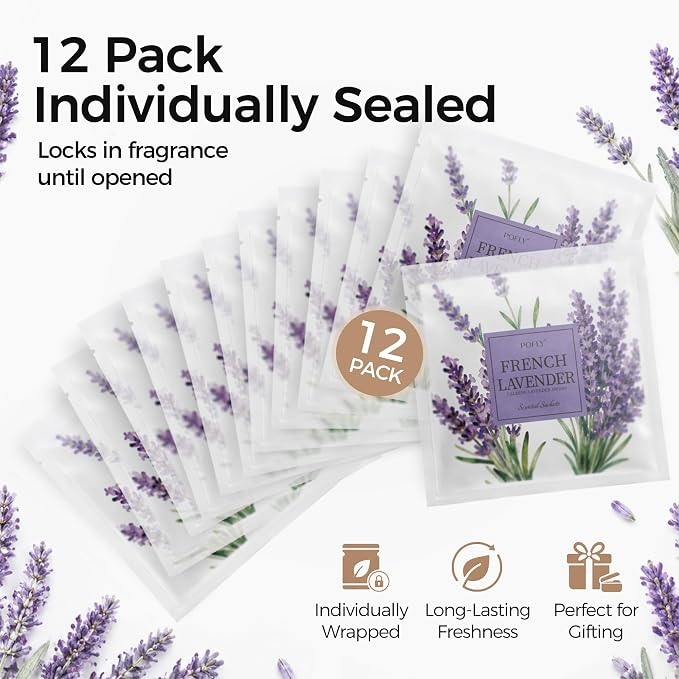 12 Pack Lavender Scented Sachets, Air Freshener for Home&Small Spaces | Hanging Sachet Bags with Retractable Hook; Closet Deodorizer & Odor Eliminator for Drawers, Shoe Cabinets, Cars & Luggage