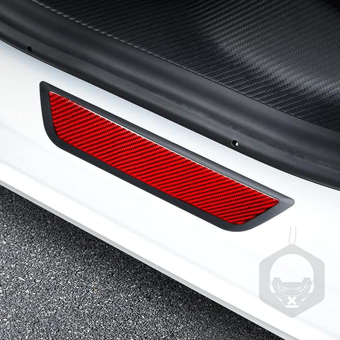 Red Real Carbon Fiber Trim for Tesla Accessories | for Model 3 2017-2022 / Model Y 2020-2024 Rear Door Sill Panel Sticker Interior Thick Overlay Decal