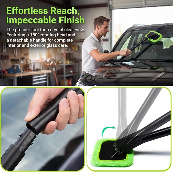 Car Windshield Cleaner Tool, Inside Windshield Cleaning Tool | with 4 Washable and Reusable Microfiber Pads, Auto Wiper Inside Compact Windshield Brush for Car & Home Windows