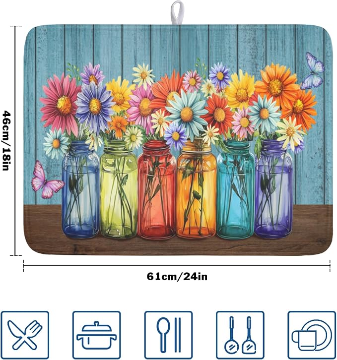 Vintage Floral Dish Drying Mat for Kitchen Counter Rustic Flower Vases Wooden Board Microfiber Dish Drainer Mat Spring Summer Absorbent Washable Drying Pad Extra Large 18"x24"