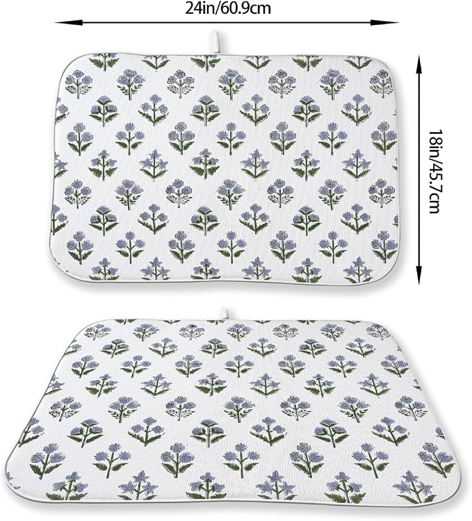 Vintage Blue Sage Green Floral Dish Drying Mat 18 x 24 Inch Block Print Floral Drying Mat for Kitchen Counter Absorbent Boho Flowers Dishes Dry Pad for Drainer Rack Kitchen Fast Dry