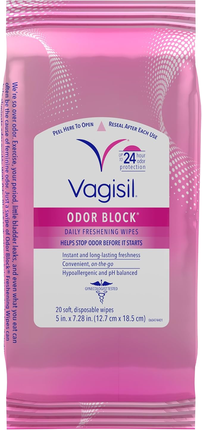 Vagisil Odor Block Daily Freshening Wipes for Feminine Hygiene in Resealable Pouch, Gynecologist Tested & Hypoallergenic, 20 Wipes (Pack of 1)