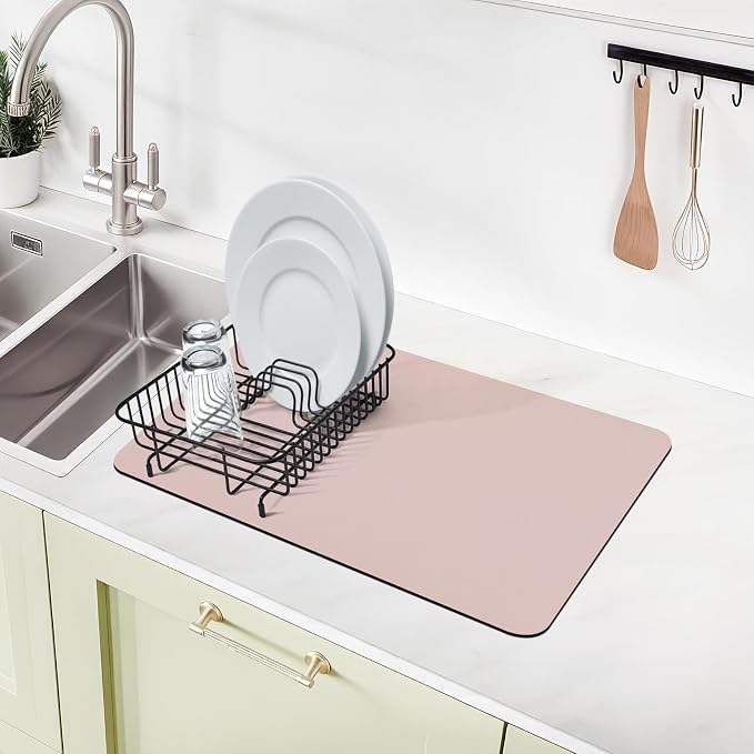 2-Pack Coffee Bar Mats Set for Countertop, 12" x 19” Super Absorbent Dish Drying Mat, Kitchen Counter Mat Fits Under Coffee Maker or Machine, Pink Kitchen Accessories for Dish Drying Rack