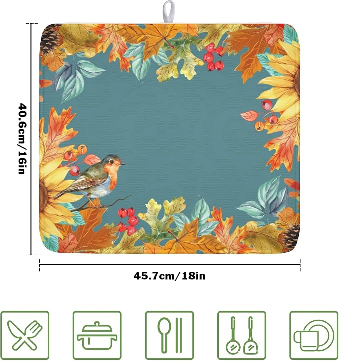Fall Sunflower Dish Drying Mat for Kitchen Counter 16 x 18 Inch Autumn Orange Leaf Dish Drainer Mat Absorbent Microfiber Thanksgiving Harvest Dish Rack Pad for Coffee Dining Bar Decor