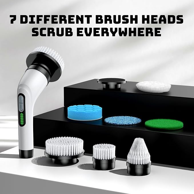 Electric Spin Scrubber for Bathroom: Shower Scrubber with Long Handle | Dual Speed Cordless Power Cleaning Scrub, 7 Brush Heads, IPX7 Waterproof Heavy Duty Cleaner Tools for Tub Tile Grout Wall