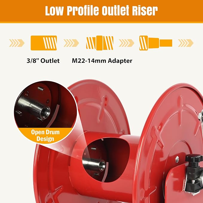 lesolar Pressure Washer Hose Reel100FTx3/8'' / 200FTx1/4'' | Retractable Hand Crank Power Washer Hose Reel,Wall/Floor Mounted Heavy Duty Hose Reel for Water,Red