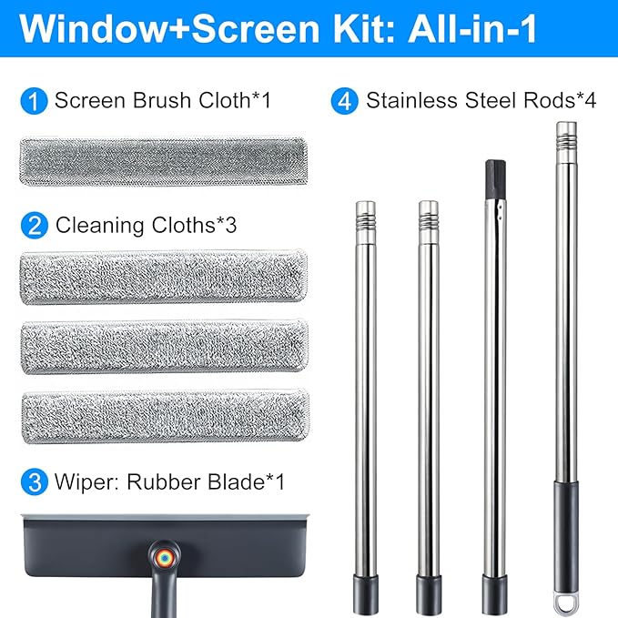 3-in-1 Window Squeegee for Home - 60" Window Cleaning Kit with 3 Microfiber Cloths & Screen Brush, All-in-1 Cleaner Tool for Outdoor Windows, Glass Door & Screens, Lightweight & Easy Storage