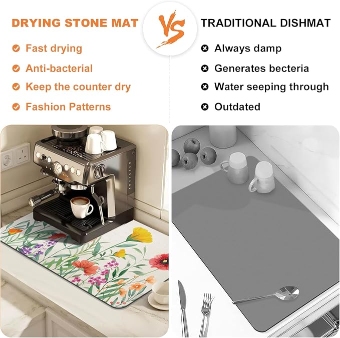 LOKHOM Dish Drying Mat for Kitchen Counter, 12"x20" Absorbent Coffee Bar Mat with Spring Floral, Dish Drainer Rack Mat for Kitchen Counter Coffee Maker, Dining Room Decoration