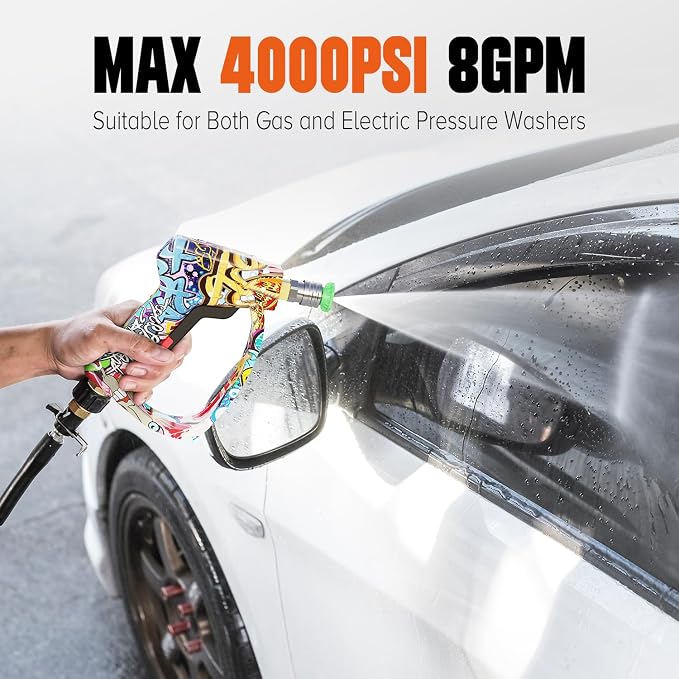Short Pressure Washer Gun, Power Washer Gun | 4000PIS Pressure Washer Wand for Foam Cannon, 3/8" & M22-14mm Connect, 1/4" Quick Connect, Car Washer Gun 5 Spray Nozzle