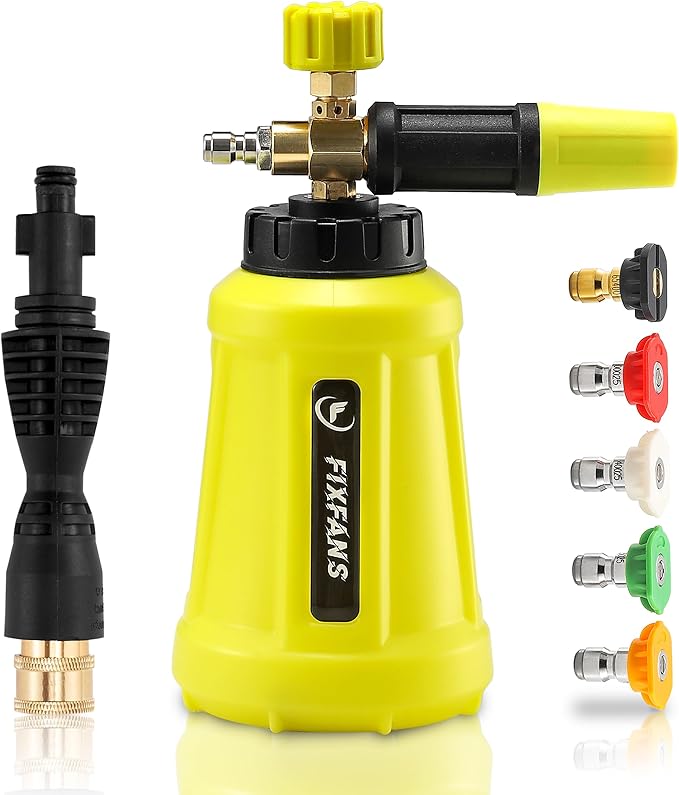 FIXFANS Foam Cannon, Compatible with Portland Husky Ryobi Pressure Washer | Wide Neck Pressure Washer Foam Lance, Power Washer Foam Blaster, 1/4 Inch Quick Connector, 5 Nozzles, 1L