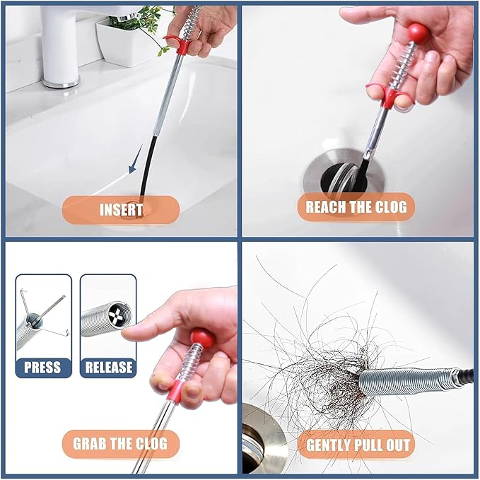 76 Inch Drain Snake Hair Clog Remover with Round Knob, 4-Claw Grabber Tool | Reusable and easy to rinse clean; flexible for curved pipes and hard-to-reach clogs in sinks, tubs, showers and downspouts