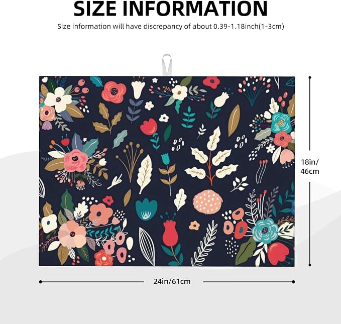 Colorful Flowers Black Dish Drying Mat For Kitchen Counter, Super Absorbent Microfiber Dish Drying Pad, Kitchen Gadgets For Easy Clean Multi-Use Large 18"x24"