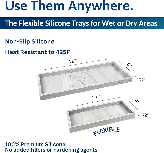 Spacewiser Countertop and Vanity Tray - 2 PC (11” and 7”) Shatterproof Silicone Kitchen and Bathroom Trays for Counter, Kitchen Soap Dispenser Tray, Vanity Trays for Bathroom, Perfume Key Tray