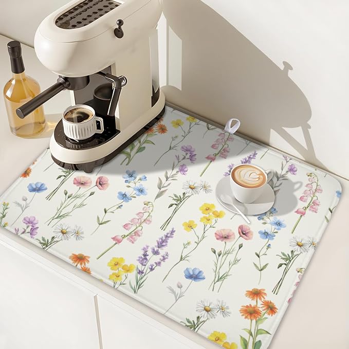 Spring Summer Colorful Floral Dish Drying Mat 18x24 Inch | Wildflower，Polyester，Absorbent Microfiber，for Kitchen Coffee Dining Bar Decor
