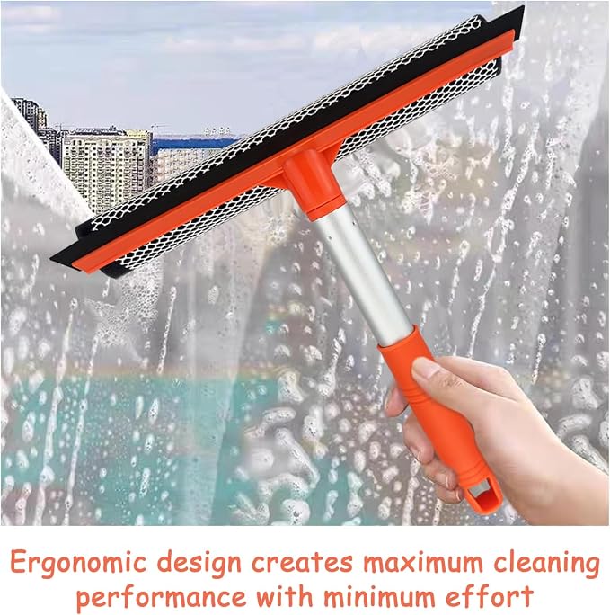 Shower Squeegee Window Squeegee Cleaner for Shower Doors Glass, 2 in 1 Window Cleaning Tool Window Scrubber Handheld Squeegee for Car Windshield with Sponge and Rubber Squeegee, Red