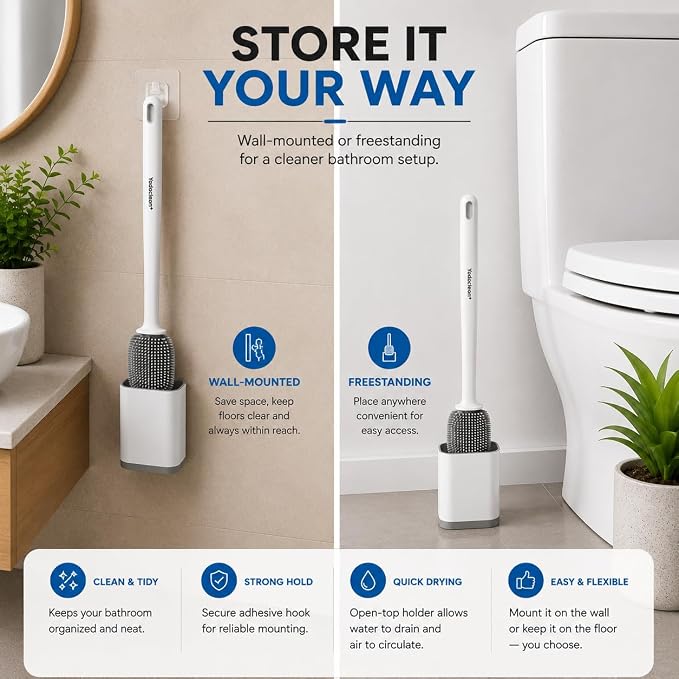 Silicone Toilet Brush and Holder Set with 3 Cleaning Tablets, Quick-Dry Base, Flexible Non-Scratch Bristles, Odor-Free Bathroom Toilet Bowl Cleaner Brush, Compact Space-Saving Design