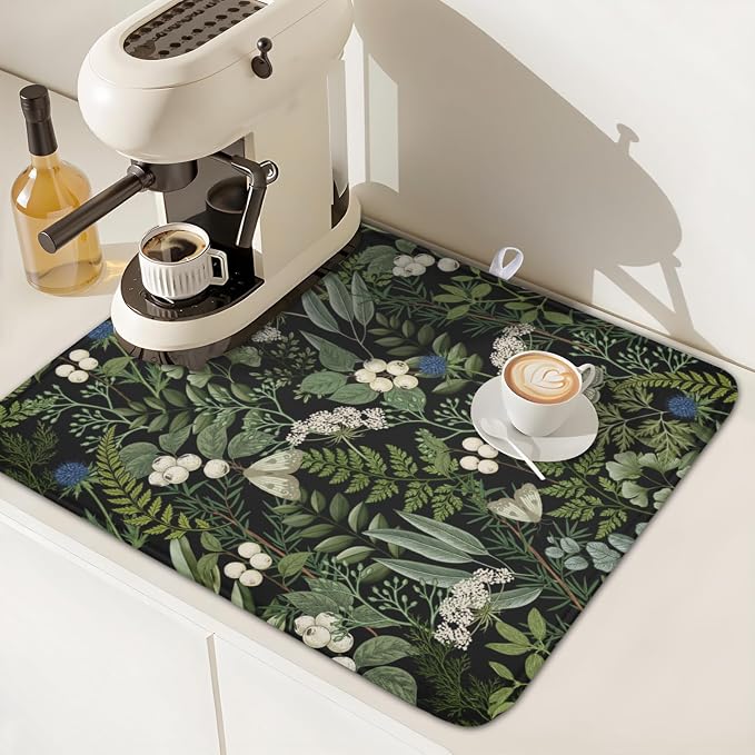 Sage Green Botanical Fruit Dish Drying Mat 16x18 Inch | Butterfly，Polyester，Absorbent Microfiber，for Kitchen Coffee Dining Bar Decor