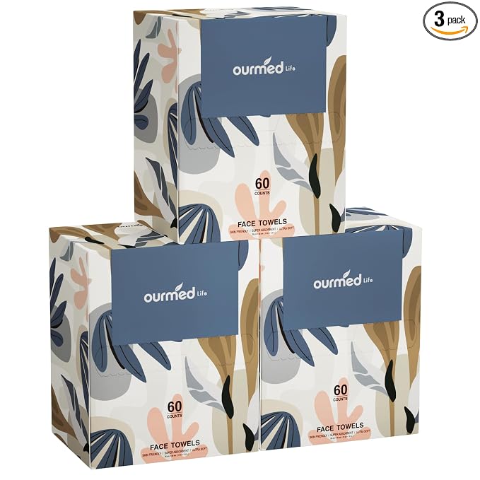 Ourmed Life Face Towels, Disposable Biodegradable Facial Towels for Sensitive Skin, Lint- free Facial Wipes for Washing Face, Skincare and Makeup Remover, Dry Wipes, 10"×7.9" Extra Large, 180 Count