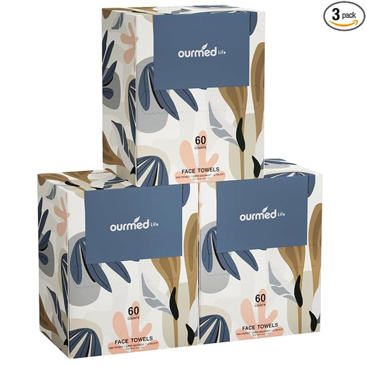 Ourmed Life Face Towels, Disposable Biodegradable Facial Towels for Sensitive Skin, Lint- free Facial Wipes for Washing Face, Skincare and Makeup Remover, Dry Wipes, 10"×7.9" Extra Large, 180 Count