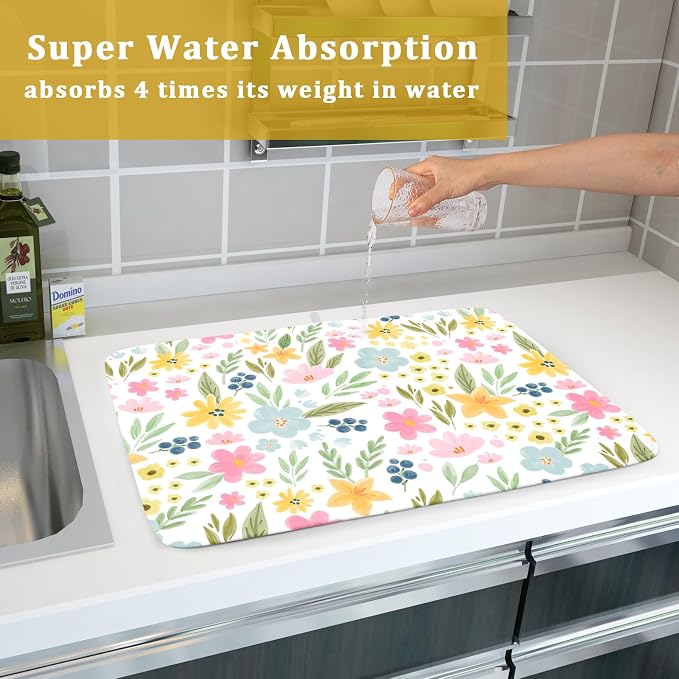 Spring Dish Drying Mat for Kitchen Counter Cute Floral Summer Holiday Microfiber Absorbent Dish Draining Reusable Washable Foldable Extra Large 18"x24"